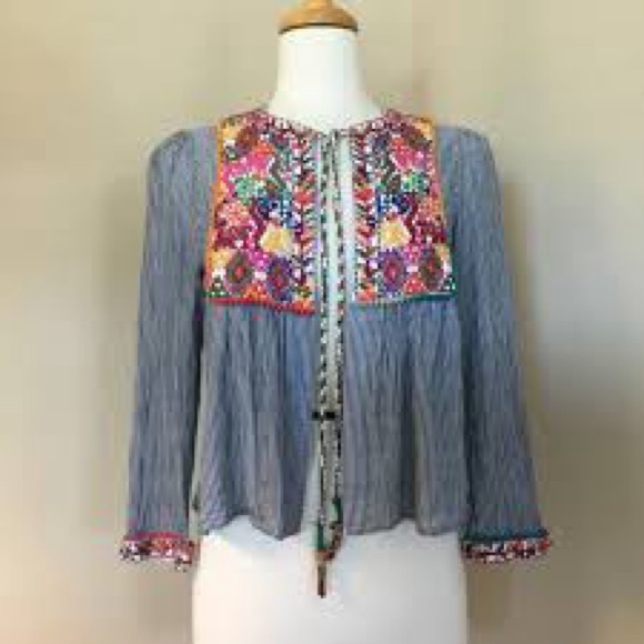 Zara Tops - Zara Striped Blouse with Embroidery